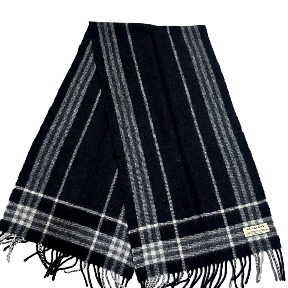 Burberry Classic Check Scarf Black 50% Cashmere Unisex Scarf Made In Scotland